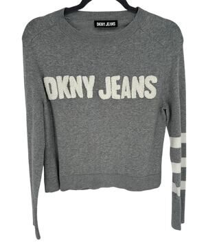 DKNY White Logo Graphic Crew Neck Sweater Long Striped Sleeves Knit Womens Sz S